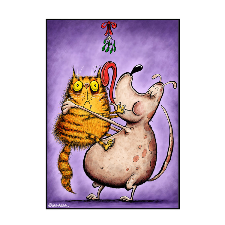 image is an illustrated Christmas card featuring a dog holding cat under some mistletoe, and the cat surprisedly and reluctantly recieving a christmas kiss.