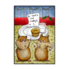 Image is an illustrated Christmas card showing two hamsters stood in front of a plate of Christmas eve treats for Santa and Rudolph, one of the hamster's cheeks are stretched out to show that he has put the carrot for Rudolph in his mouth.