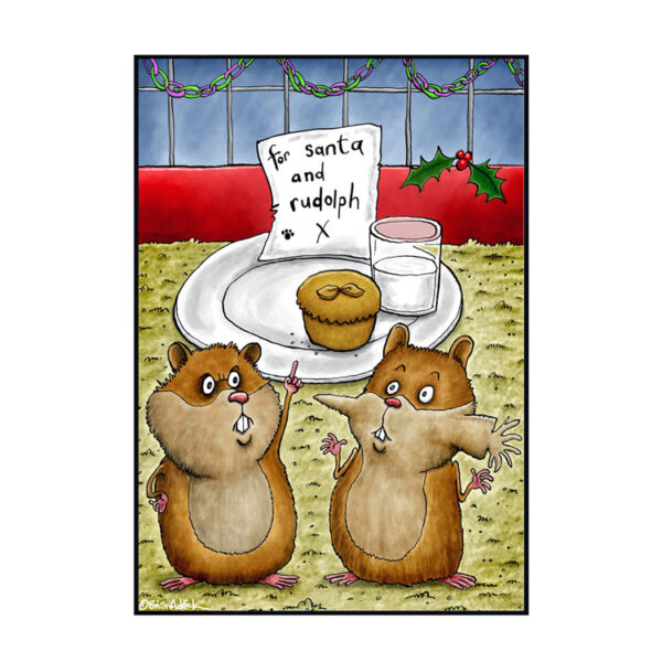 Image is an illustrated Christmas card showing two hamsters stood in front of a plate of Christmas eve treats for Santa and Rudolph, one of the hamster's cheeks are stretched out to show that he has put the carrot for Rudolph in his mouth.