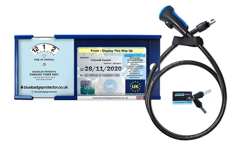 Blue Badge Protector anti-theft device with a metal Blue Badge holder and thick cable to go around a steering wheel