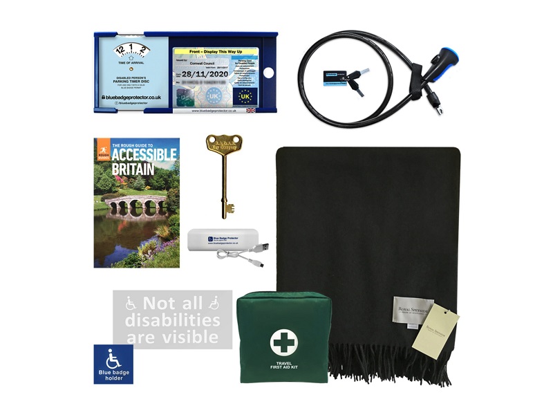 Disabled driver's accessory kit with Blue Badge Protector, a blanket, first aid kit, radar key, accessible travel guide and disabled parking car sticker