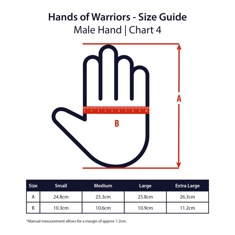 Image is a measurement chart for male hands - chart 4. Hands of Warriors size guide. Size A - Small 24.8cm, Medium 25.3cm, Large 25.8cm, Extra Large 26.3cm. Size B - Small 10.3, Medium 10.6cm, Large 10.9cm, Extra Large 11.2cm