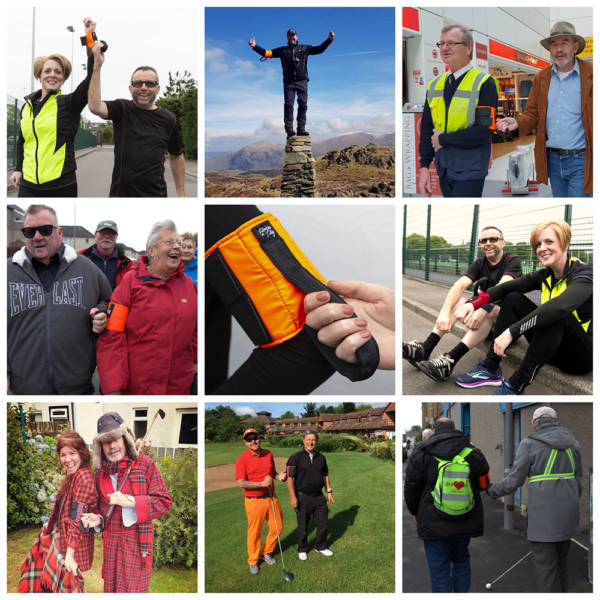 Image is a collage of square photographs, each one taken from the Ramble Tag social media account. Photographs feature many happy customers wearing the Ramble Rag guidance aid.