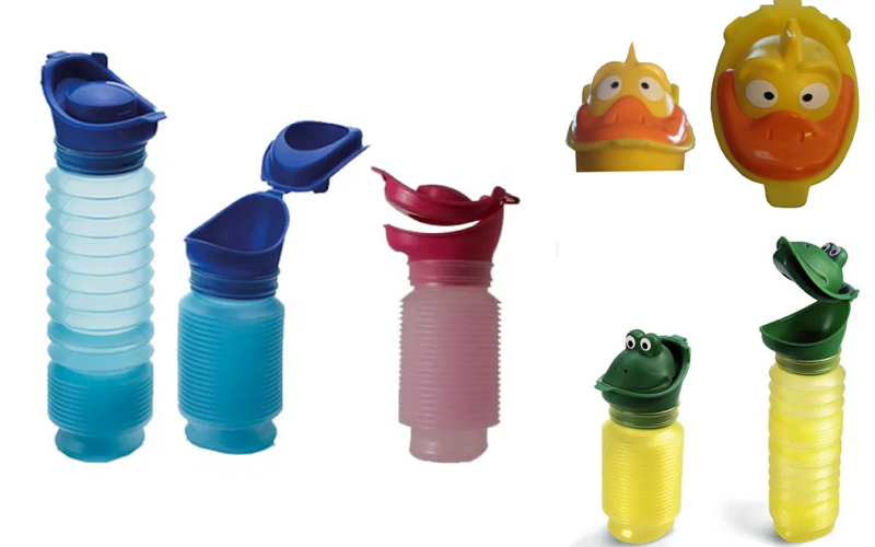Uriwell portable urine bottles - one blue with the lid fully open, one pink with the lid slightly open, two yellow with frog lids and two duck lids