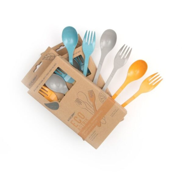 Image is a photograph of the packaging for the Knork Eco 6 piece set with two teal, two grey and two orange pieces of cutlery to one side