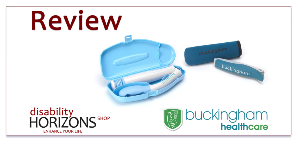 Image features dark red text in the top left which reads "Review" and below this in the bottom left is the Disability Horizons shop logo. To the right is a photograph of the Easy Wipe bottom wiper and the Buckingham Healthcare logo