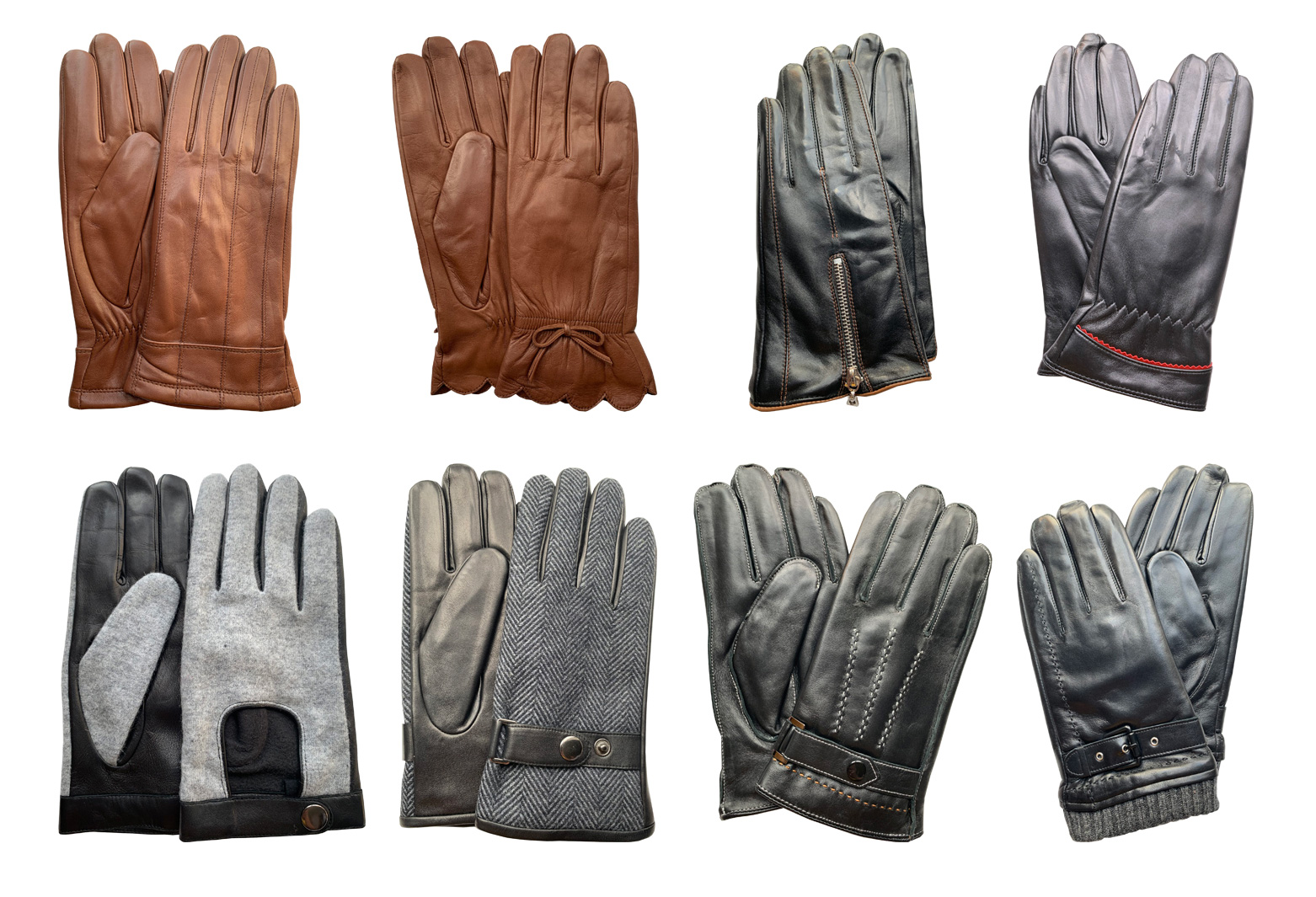 Image is a photograph showing the 8 different designs of Hands of Warriors leather wheelchair gloves available for sale at Disability Horizons