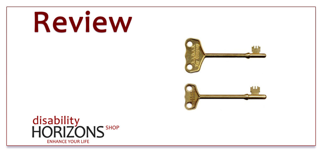Image features dark red text to the top left which reads "Review" and below this to the bottom left is the Disability Horizons shop logo. To the right is a photograph of a large and small brass RADAR key for disabled toilets