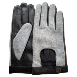 Image is a photograph of a pair of Hands of Warriors wheelchair gloves in black Hair Sheep leather with contrasting grey marl wool