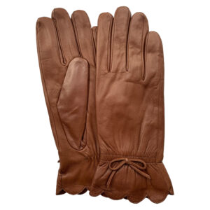 Image is a photograph of a pair of tan leather ladies wheelchair gloves with bow wrist detail