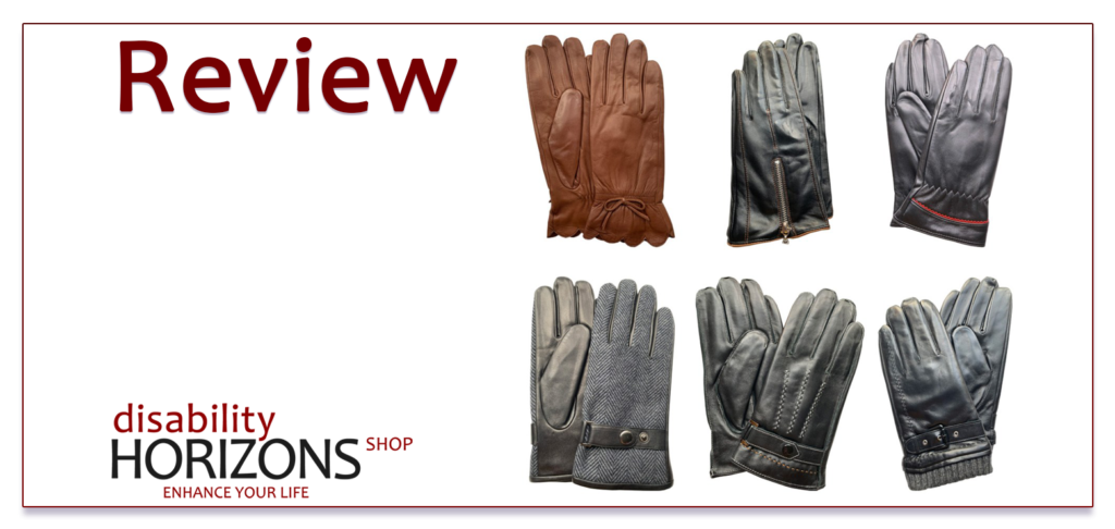 Image features dark red text to the top left which reads "Review" and below to the bottom left is the Disability Horizons shop logo. To the right is a photograph of 6 pairs of leather Hands of Warriors wheelchair gloves.