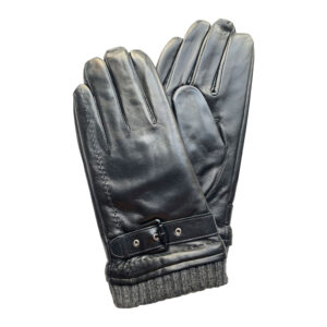Image is a photograph of a pair black hair sheep leather wheelchair gloves with a wool trim and buckle detail