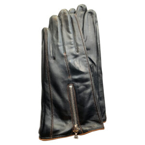 Image is a photograph of the Zipped style of ladies leather wheelchair gloves with brown piping by Hands of Warriors