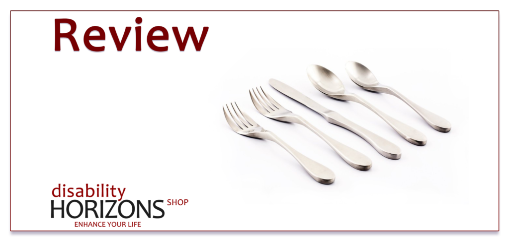 Image features dark red text to the top left which reads "Review" below this to the bottom left is the Disability Horizons shop logo. To the right is a photograph of the Knork 5 piece assistive cutlery set lay on a white background