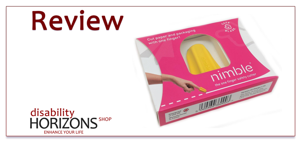 Image features dark red text to the top left which reads "Review" and to the bottom left the Disability Horizons shop logo. To the right is a photograph of the Nimble one handed cutter in packaging