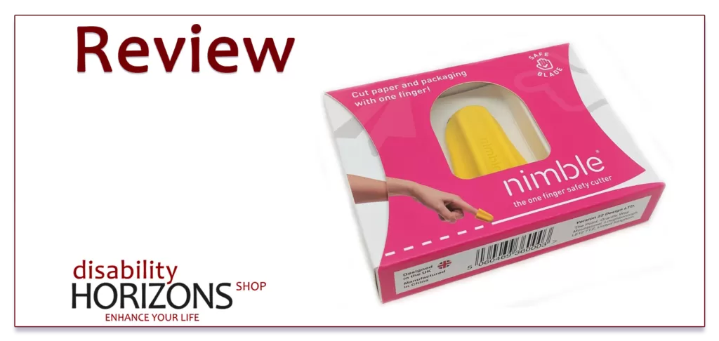 Image features dark red text to the top left which reads "Review" and to the bottom left the Disability Horizons shop logo. To the right is a photograph of the Nimble one handed cutter in packaging