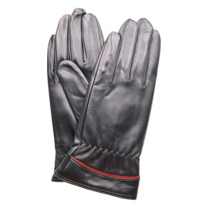 Image is a photograph of a pair of black leather ladies wheelchair gloves with a contrast red stitching