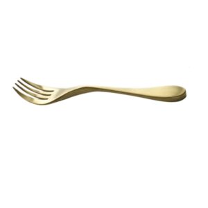 Image is a photograph of a Knork knife and fork in one in Satin Brass finish