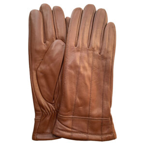 Image is a photograph of a pair tan leather, snug wrist ladies wheelchair gloves by Hands of Warriors