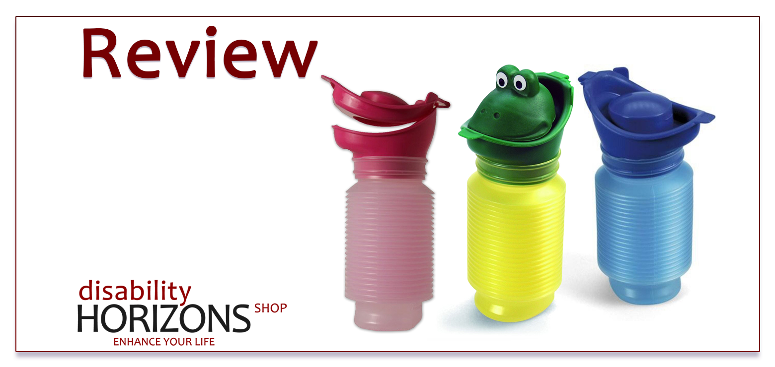 Image features dark red text to the top left which reads "Review" and to the bottom left is the Disability Horizons logo. To the right is a photograph of three Uriwell portable urinals in pink, blue and a yellow kid's themed frog urinal
