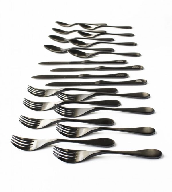 Image is a photograph of a 20 piece Knork cutlery set in a Matt Black finish