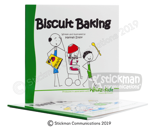 Biscuit Baking book for disabled children with an image of stick people on the front caring a recipe book and wooden spoon
