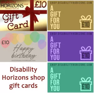 Image shows 5 different designs of digital gift card available at Disability Horizons shop