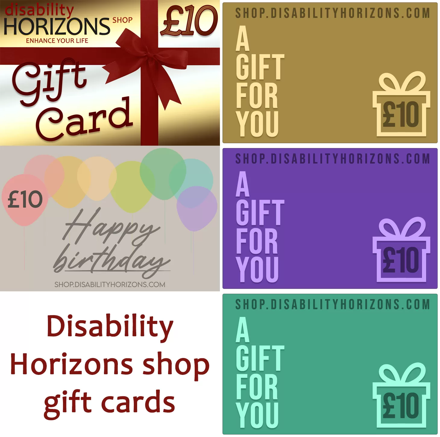 Image shows 5 different designs of digital gift card available at Disability Horizons shop