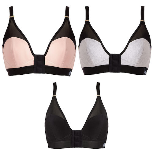 Elba front facing bras in three different colours - grey, soft pink and black