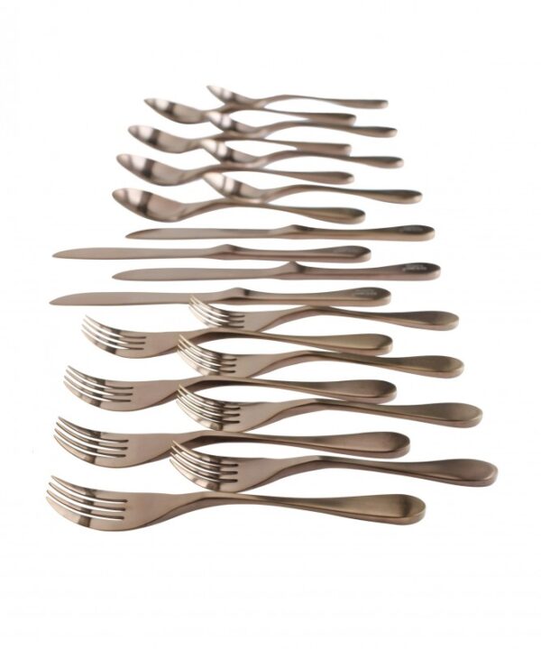 Image is a photograph of a Knork 20 piece cutlery/flatware set in a Antique Copper finish