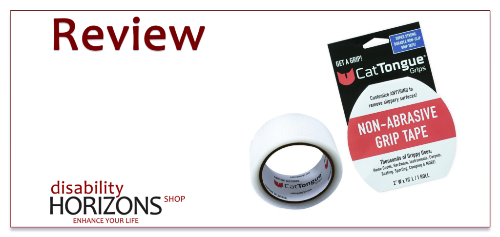 Image features dark red text to the top left which reads "Review" and to the bottom left is the Disability Horizons logo. To the right is a photograph of the packaging for Cat Tongue grip tape