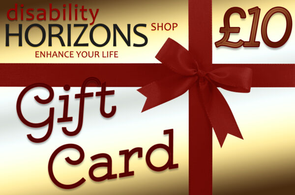 Image is a virtual gift card worth £10 with a gold background, red bow and cursive text