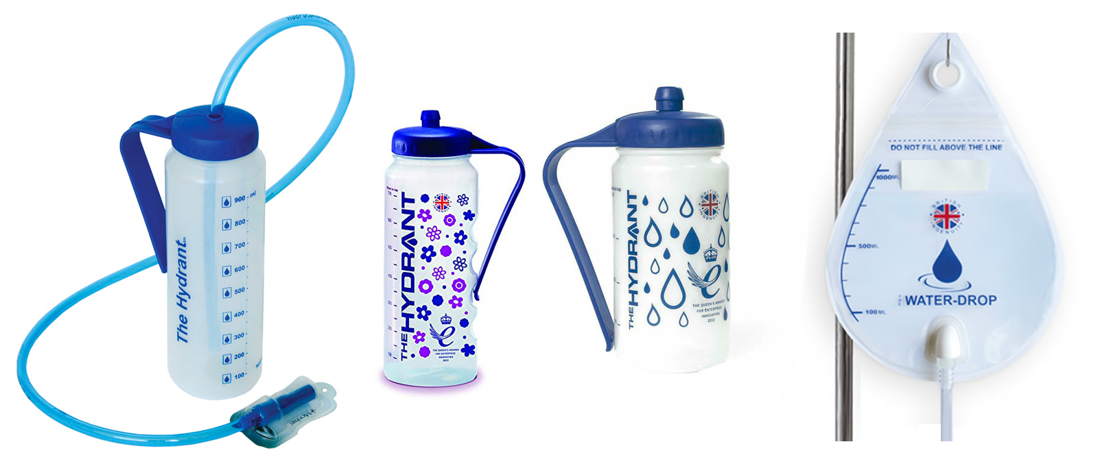 Image is a photograph of four types of Hydrate for Health drinks aids, including the Hydrant, the maternity Hydrant, the Sports Hydrant and the WaterDrop