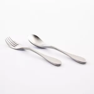Shows the Child's knork fork and spoon on a white background
