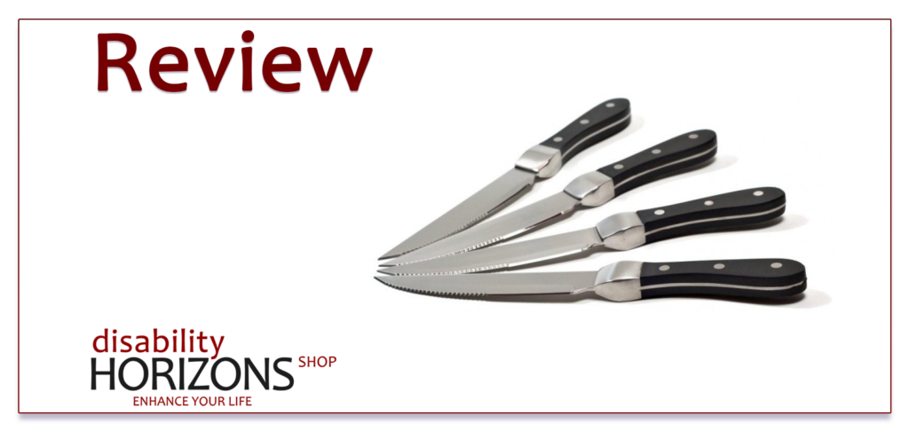 Image features dark red text to the top left which reads "Review" to the bottom left is the Disability Horizons logo. On the right is a photograph of 4 Knork steak knives lay on a white background.