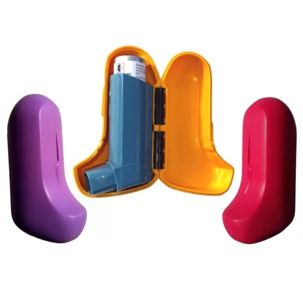 Asthmate inhaler case in yellow, red and purple