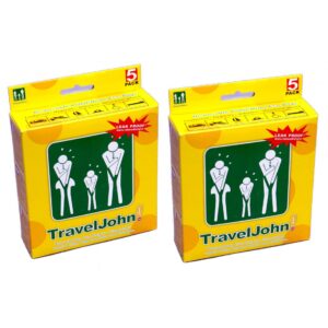 Yellow packaging on a white background. 2 boxes of TravelJohn sick bags