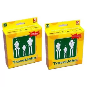 Yellow packaging on a white background. 2 boxes of TravelJohn sick bags