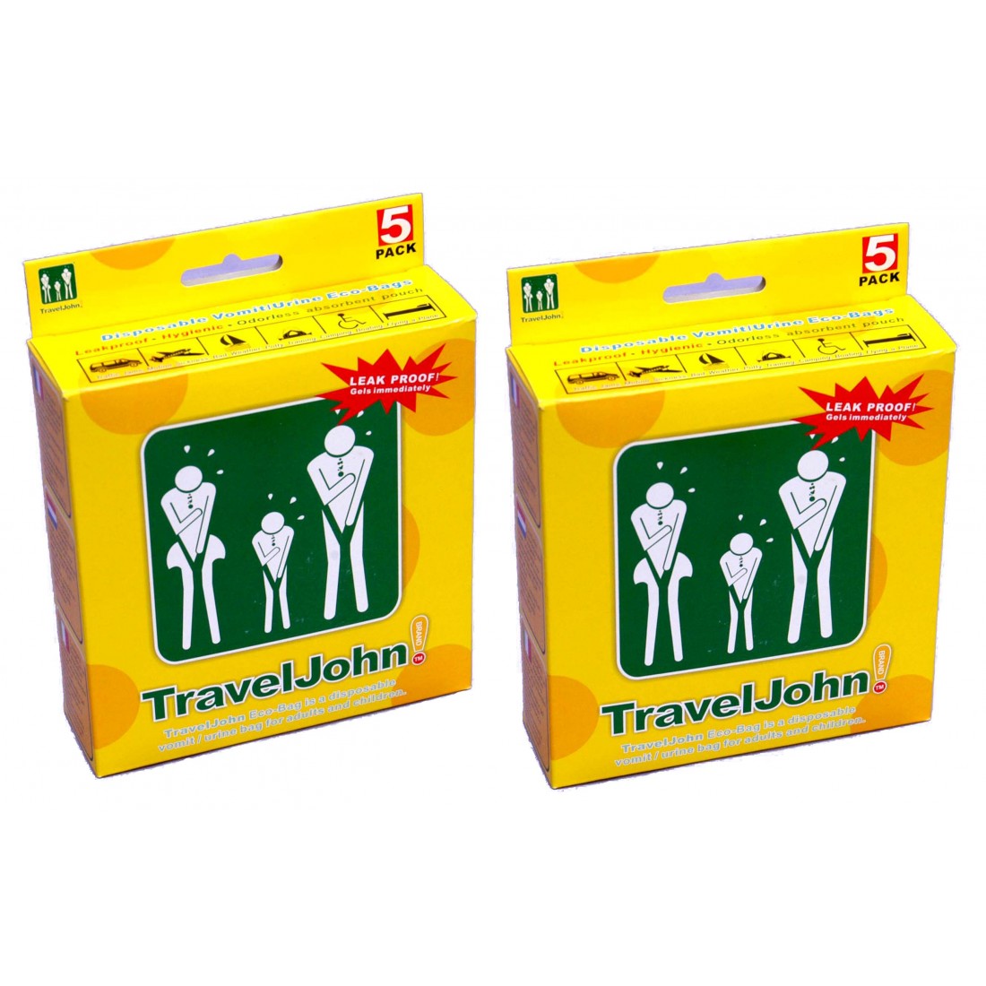 Yellow packaging on a white background. 2 boxes of TravelJohn sick bags