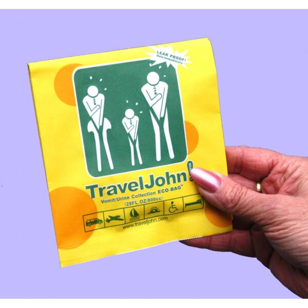 Showing a pack of Traveljohn bags in a ladies hand