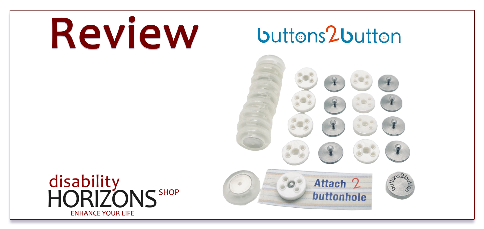 Image features dark red text which reads "Review" at the top left of a white rectangle, and to the bottom left is the Disability Horizons logo. To the right is the Buttons2Button logo along with product beneath.