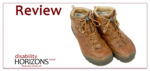 Image features the word "Review" in dark red text to the top left, and below to the bottom left is the Disability Horizons logo. To the right is a photograph of a brown pair of walking boots, with Greeper Hikers accessible shoe laces