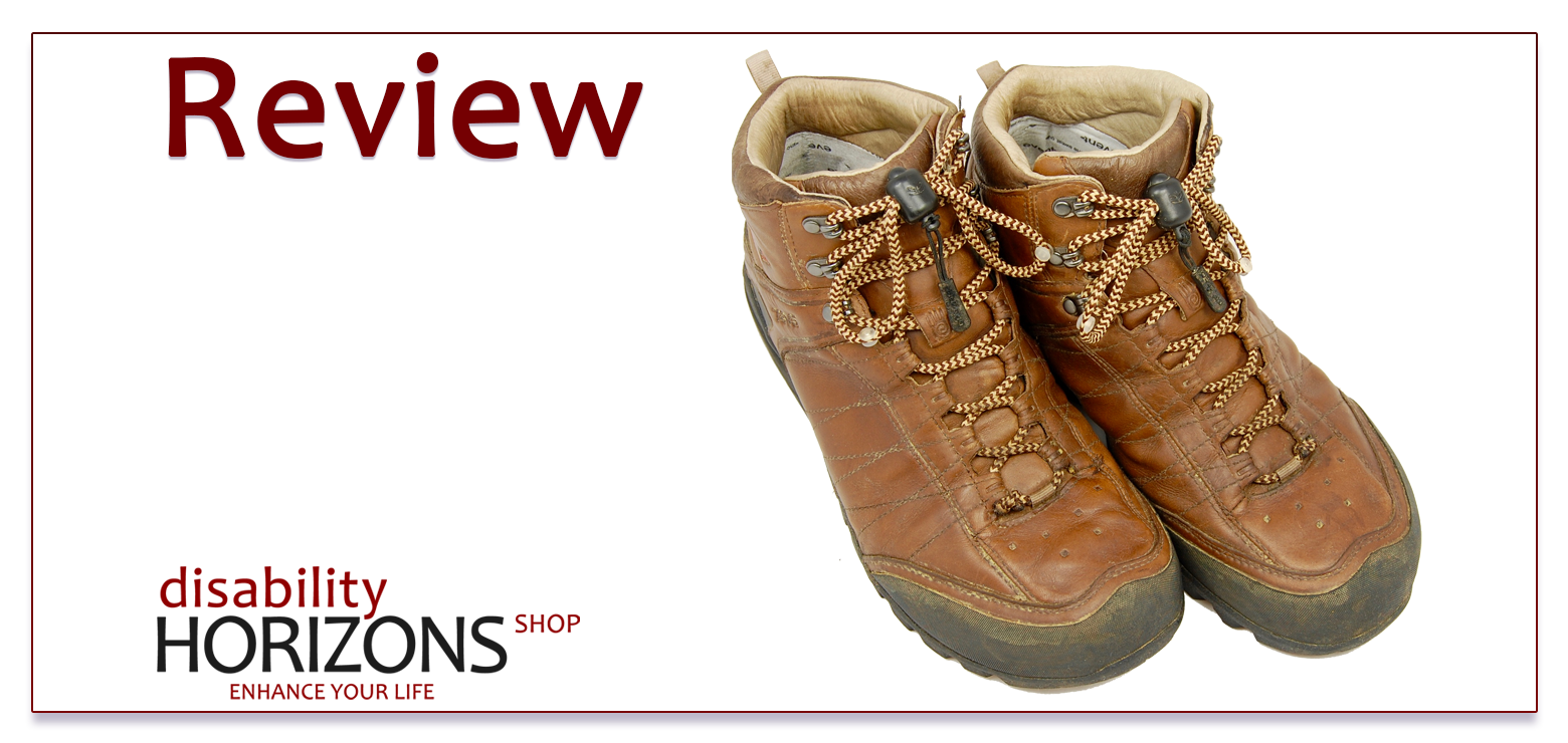 Image features the word "Review" in dark red text to the top left, and below to the bottom left is the Disability Horizons logo. To the right is a photograph of a brown pair of walking boots, with Greeper Hikers accessible shoe laces