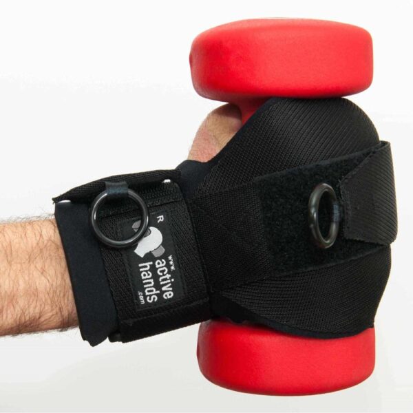 The Black Active hands general purpose gripping aid holding a red gym weight