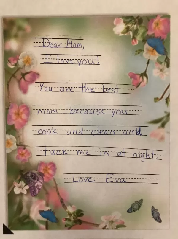 Image showing the yellow legi liner lines on some pretty flowe paper. "dear mum I love you!"