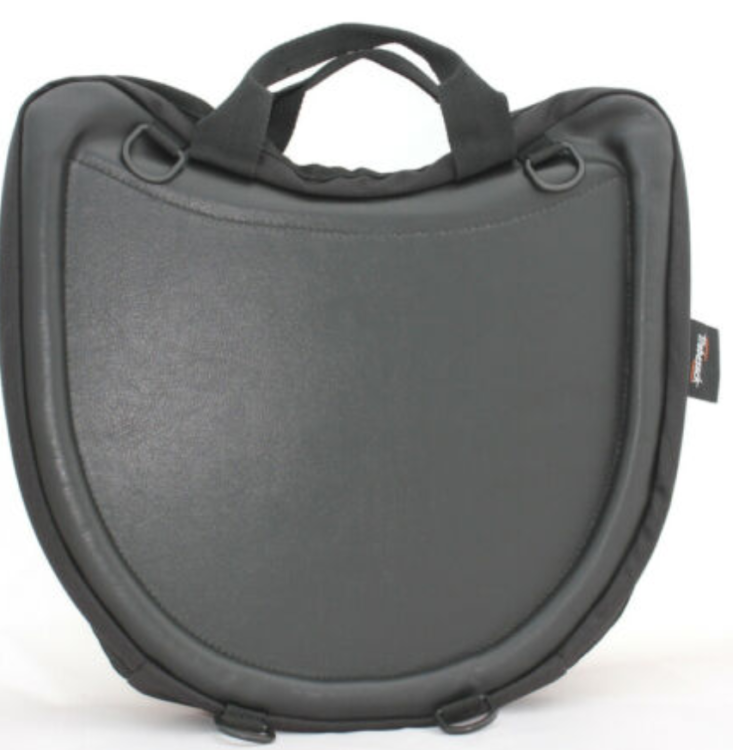 Black leather Trabasack Curve wheelchair lap tray and bag stood on its end
