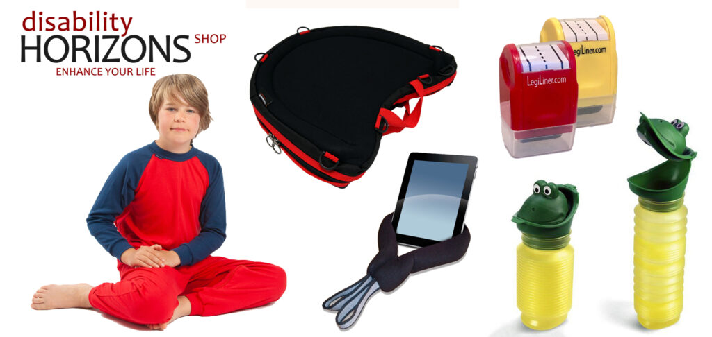 Image is a collage of photographs of products for disabled children available for sale on the Disability Horizons shop. Includes photographs of a young, blonde boy sat on the floor wearing a red and navy Seenin sleep suit, a Trabasack Curve Connect with red trim, a red and yellow Legi Liner, Trabasack Media Mount holding an iPad and the Uriwell Happy Pee portable urinal with fun frog design.