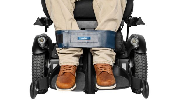 A front on view of the wheelchair leg strap ableStrap fastened to the lower legs