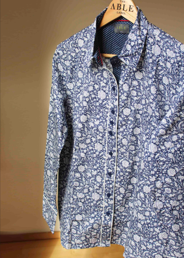 Women's Charlotte cotton long sleeve floral velcro fastening shirt - Navy