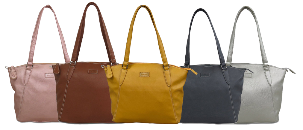 Image shows 5 Samantha Renke bags lined-up next to each other on a transparent background - the colours include: Rose gold, brown, mustard, navy and silver